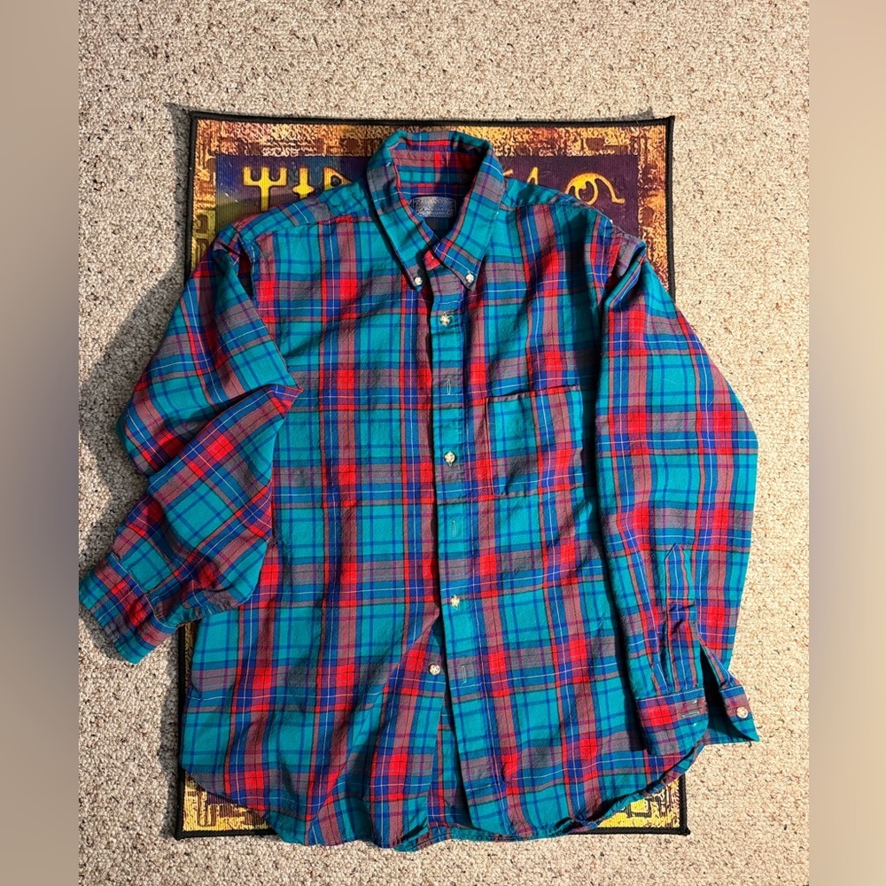 Vintage Pendleton red & blue plaid button-up shirt. 100% virgin wool